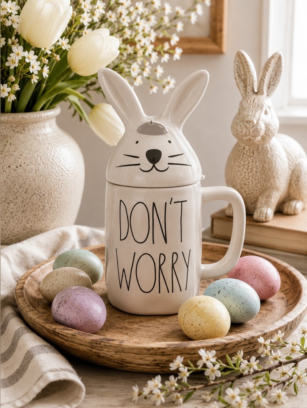 Rae Dunn "Don't Worry" Easter Bunny Figural Coffee Mug